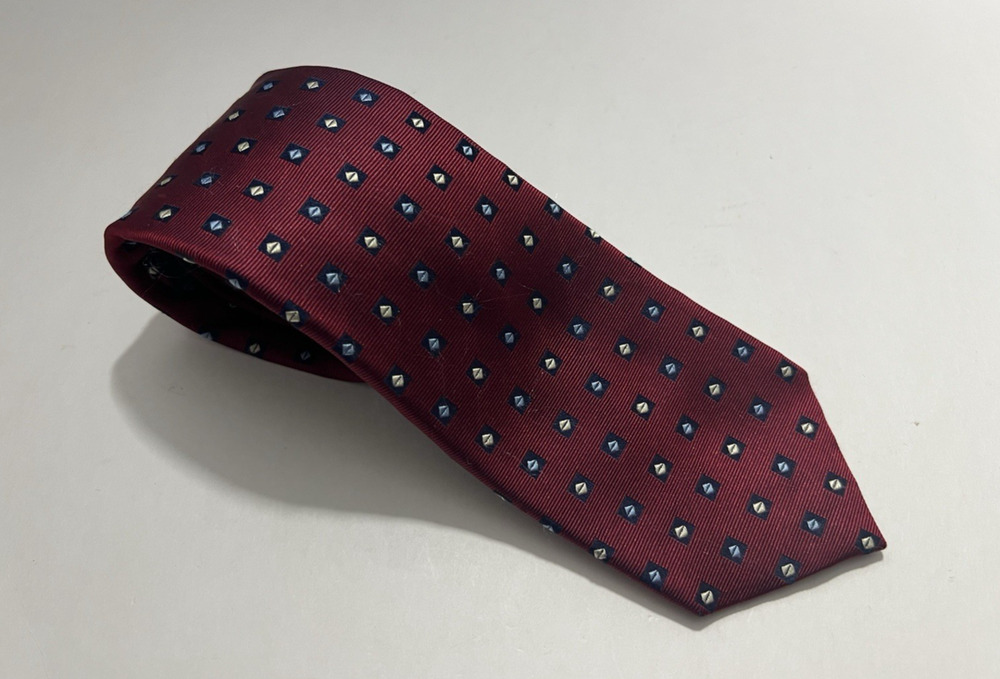 Vintage Yves Saint Laurent Mens Silk Tie Burgundy Red Geometric 100% Silk Italy